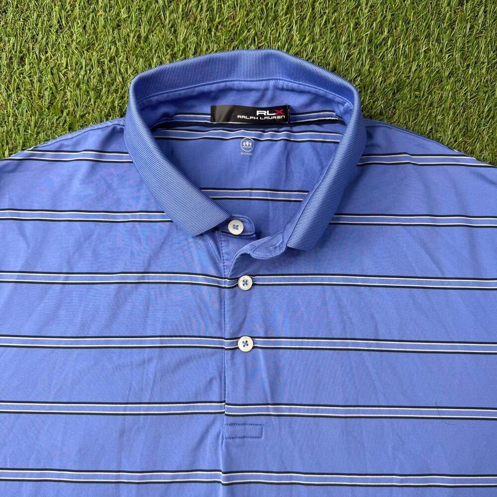 Ralph Lauren RLX Blue Striped Polo Shirt Medium Stretch Golf Preppy Y2K